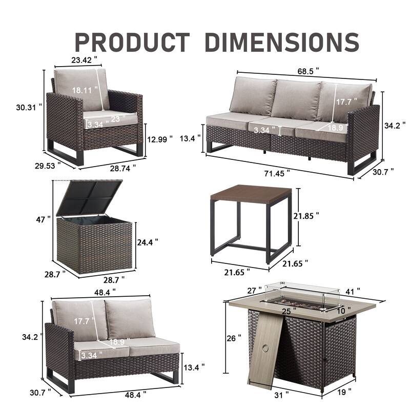 Gymojoy 7 Person All-Weather Wicker Outdoor Conversation Set Seating Group With Fire Pit Table