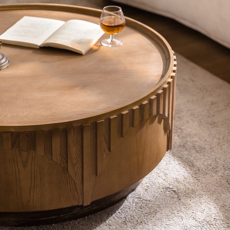 Handcrafted Round Wood Coffee Table - Modern Solid Wood Veneer with Artistic Relief & Sturdy Pedestal Base for Living Room