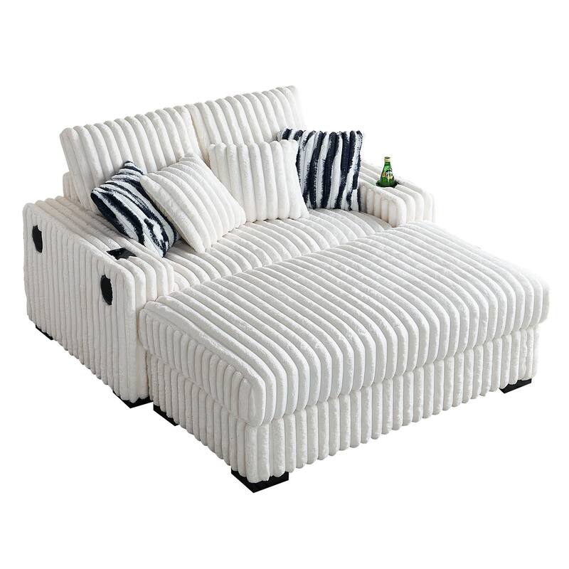 Beige 61.42" Corduroy Square Arm Loveseat Sofa with Ottoman, Bluetooth Speaker, Wireless Charger, USB Ports, Cupholder