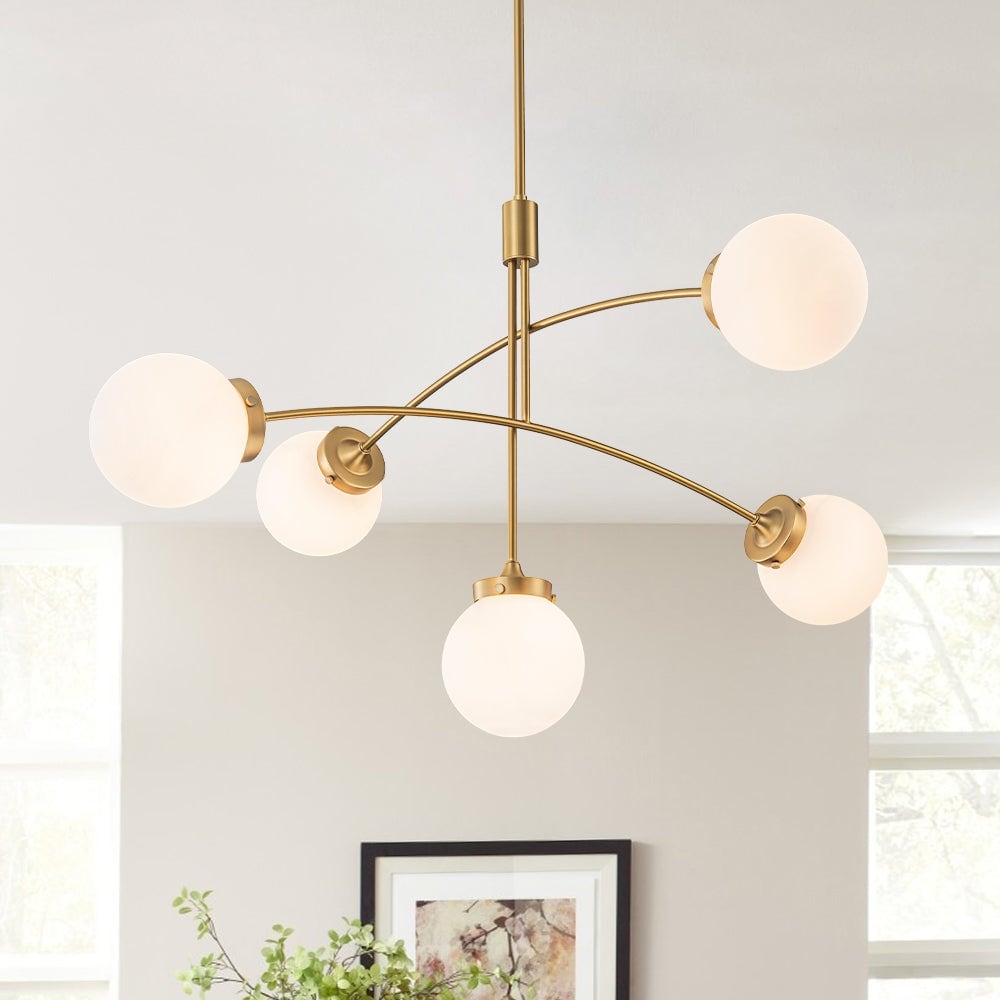 Modern 5 Light Glass Globe Asymmetrical Curved Arm Foyer Chandelier