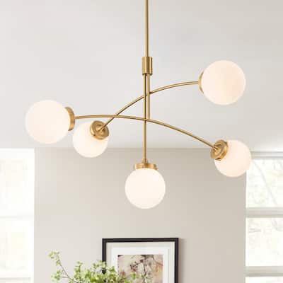 Modern 5-Light Glass Globe Asymmetrical Curved Arm Foyer Chandelier