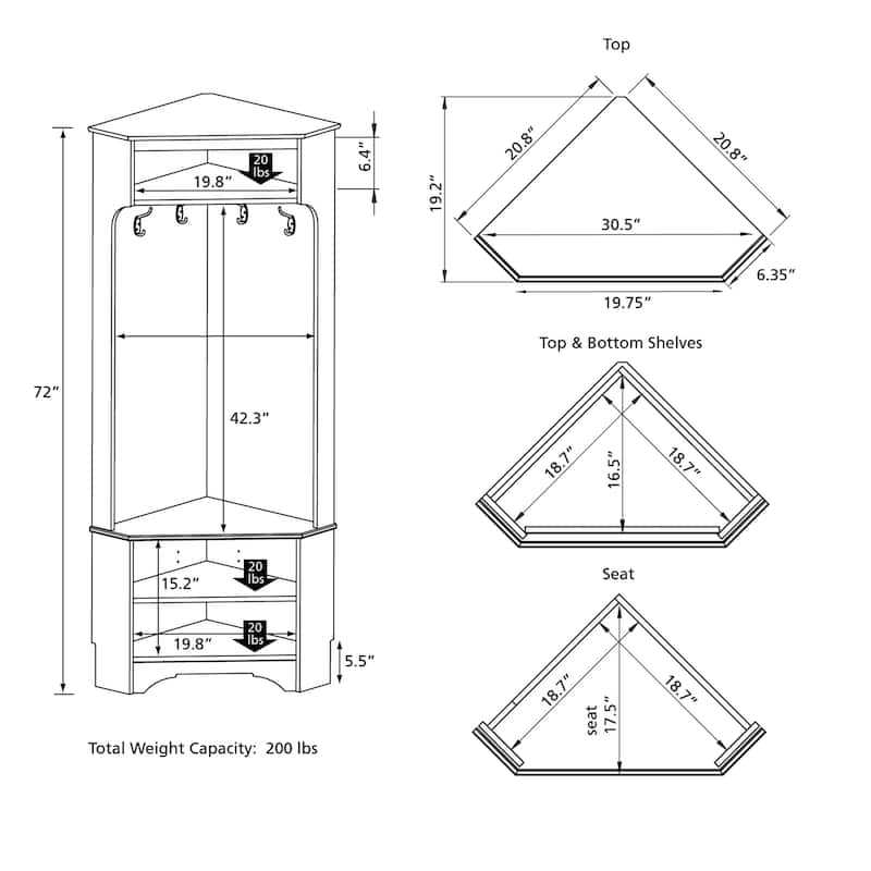 Prepac White Corner Hall Tree: Multifunctional Corner Clothes Rack with Corner Shoe Shelf - Space-Saving Corner Solution