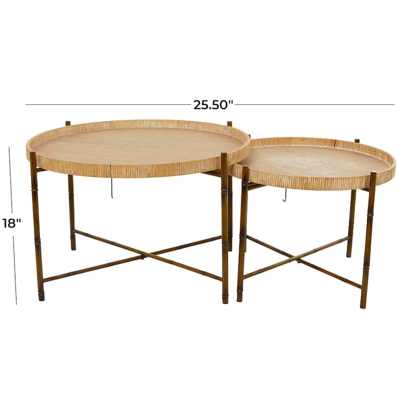 Rattan Nesting Accent Table with Metal Bamboo Inspired Legs - Set of 2 Brown - Roche River Decor - 32"W x 32"L x 20"H