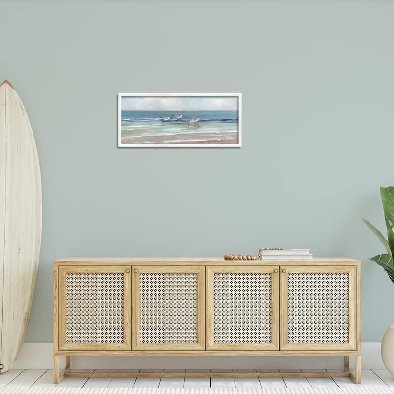 Stupell Panoramic Sandpipers Birds Shoreline Ocean Landscape Painting Framed Wall Art - Blue