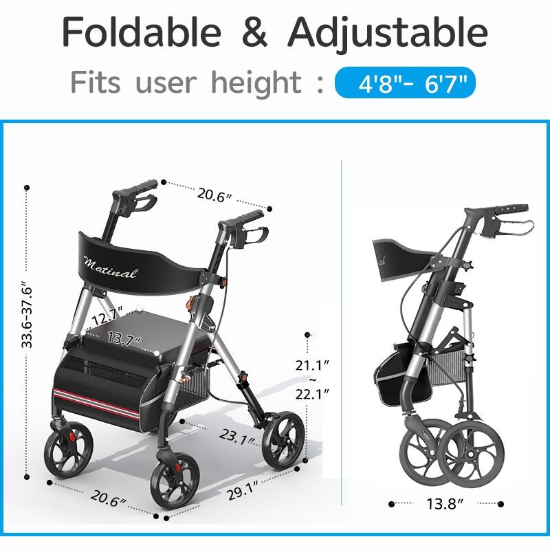 Matinal Foldable Rollator Walkers with Seat for Seniors, 350 lb Capacity, 8'' Big Wheels, 6-Position Height