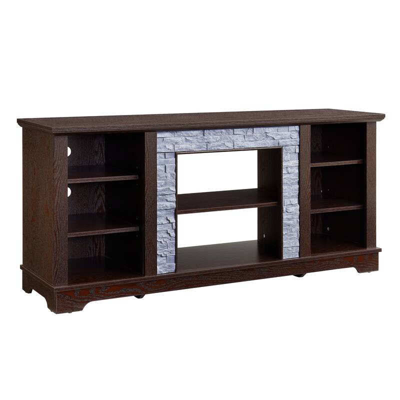 Traditional Style TV Stand with Faux Stone Accent, 6 Storage Shelf and 2 Shelf for Family Living Room