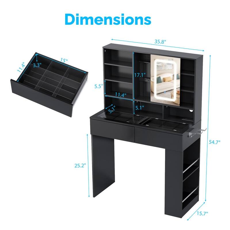 Particle Board Veneered, 2-drawer 3-compartment Left-right 3-tier Shelf, Glass Tabletop, Side Panel Storage Style Dressing Table