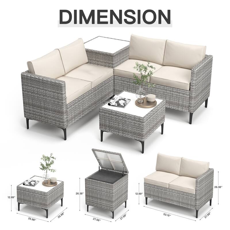 4-Piece Rattan Patio Set – Modular Sectional with Storage Box & Glass Table, Weather-Resistant for Outdoor Lounge,