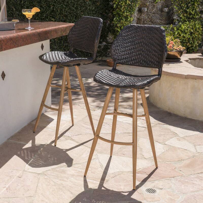 Roomfitters 2-Piece Outdoor Wicker Bar Stools, Modern Rattan Patio High Dining Chairs with Metal Legs and Footrest, Brown