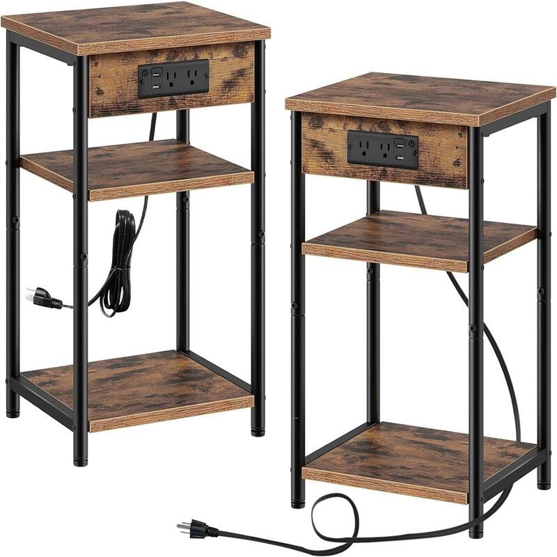 End Table with Charging Station - 11.8"D x 13.4"W x 22.8"H - Rustic Brown