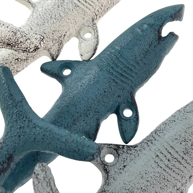 Set Of 3 Imitation Shark Wall Hooks In Blue, Gray, White Perfect For Nautical - 1.75 X 5.25 X 2.25 inches