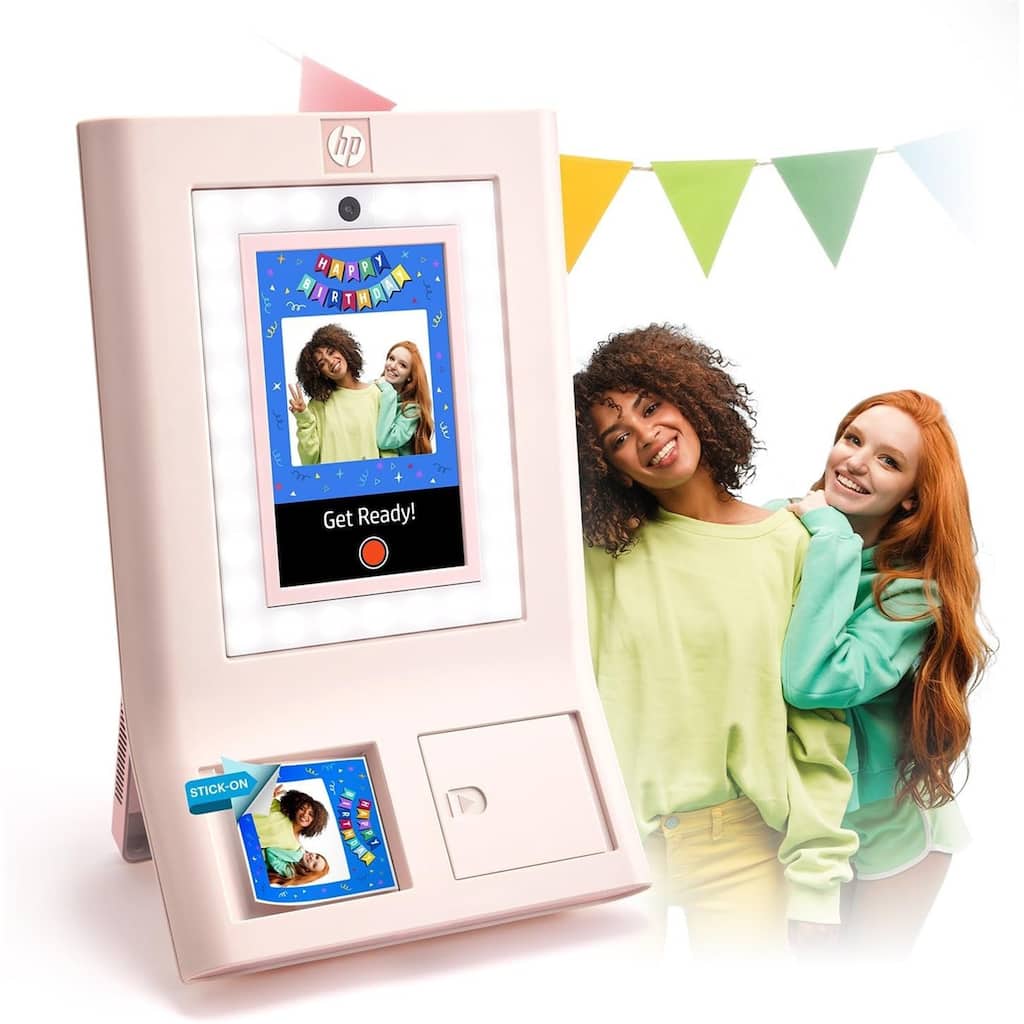 HP Sprocket Photobooth 3" x 4" Color Photo Printer with Touch Screen, LED Ring Light, Wi-Fi - Pink