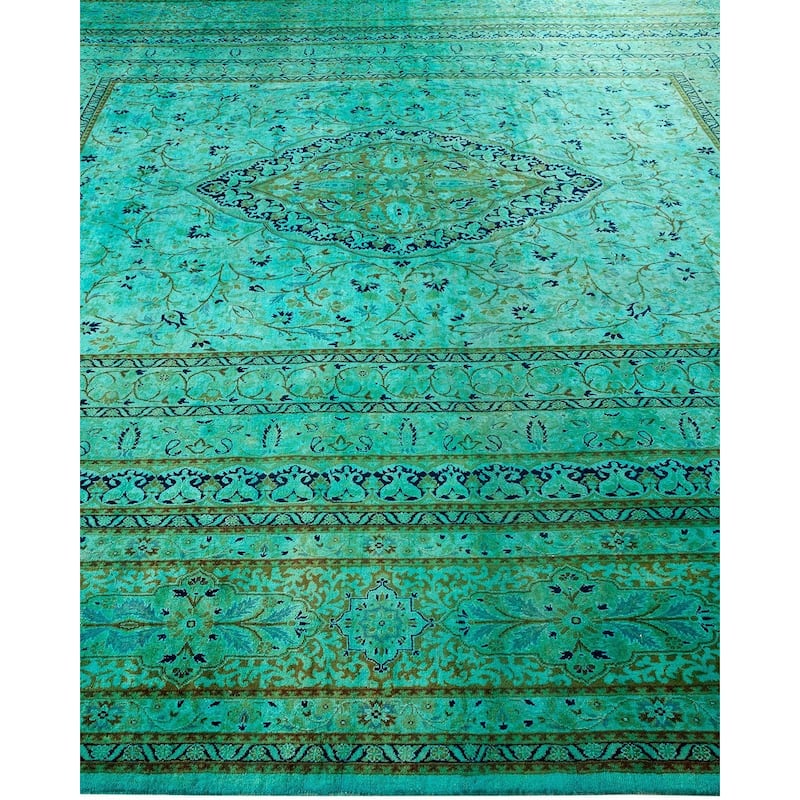 Overton Hand Knotted Wool Vintage Inspired Modern Contemporary Overdyed Green Area Rug - 9' 10" x 14' 3"