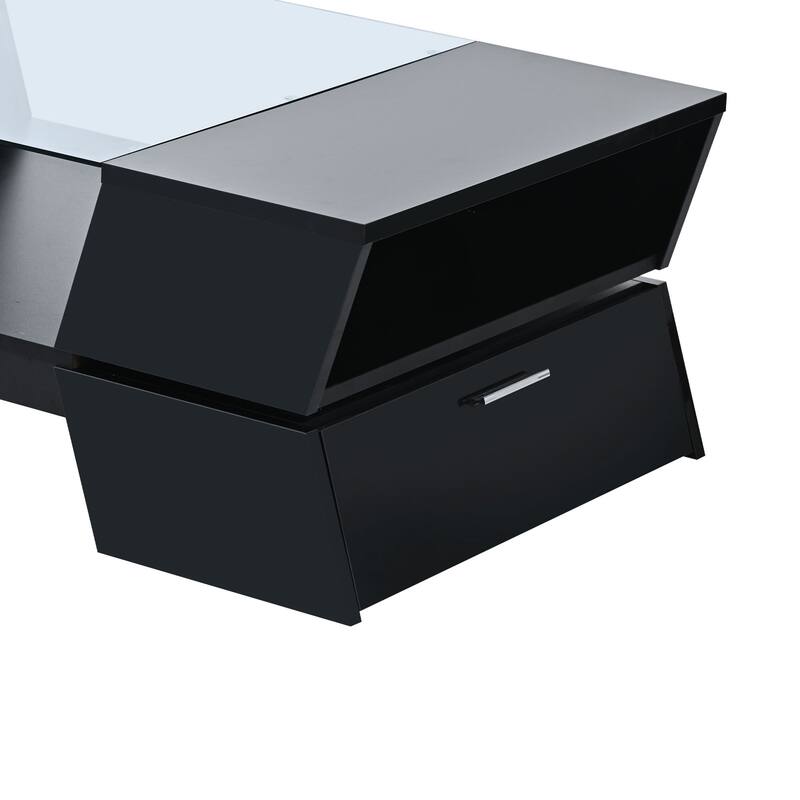 Glass-Top Coffee Table with Open Storage Shelves and Cabinets, Rectangular Cocktail Table 2-Tier Center Table for Living Room