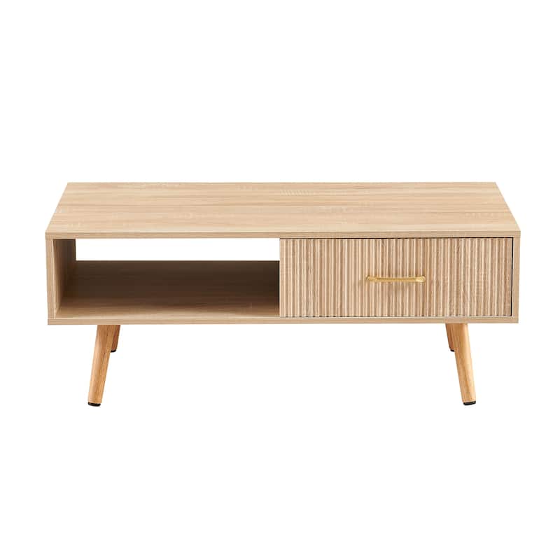 Rectangle Coffee Table with Solid Wood Legs, Sliding Drawer for Storage, Modern Table