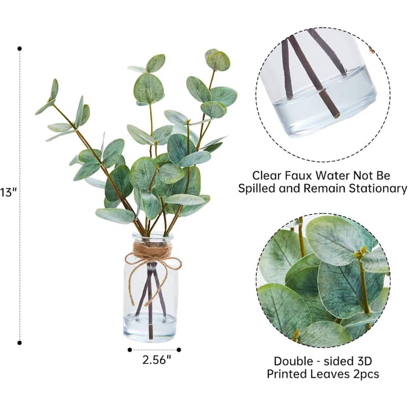2PCS 13" Artificial Eucalyptus Stems in Vase with Faux Water for Home Decor - 2 pcs