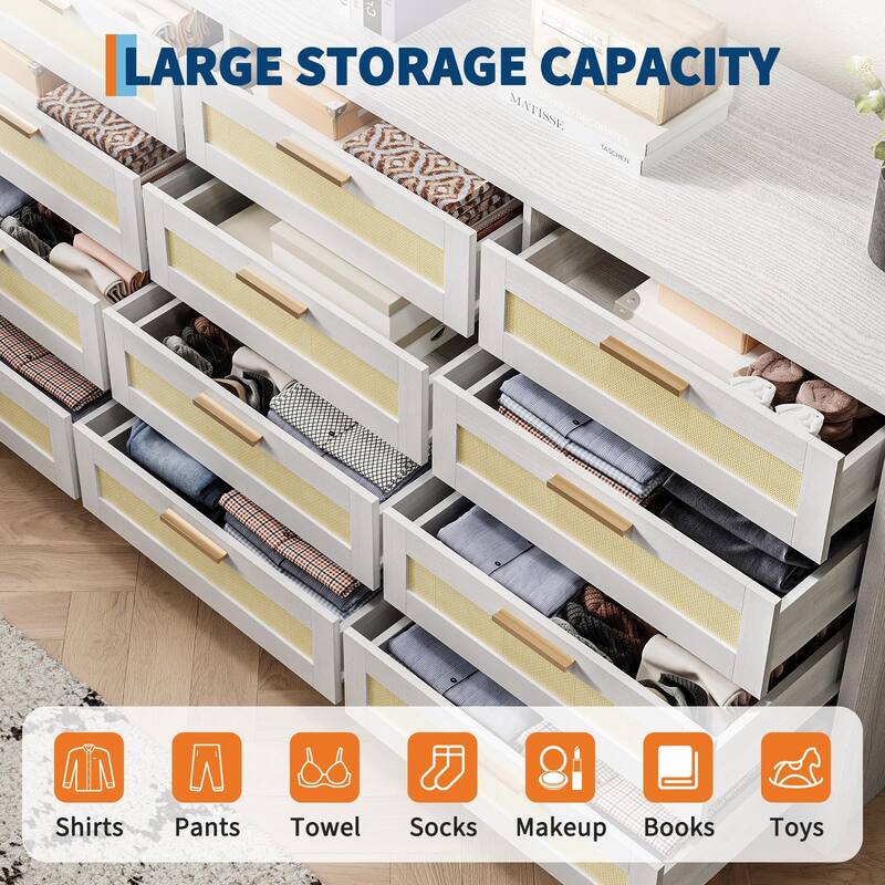 12 Drawer Dresser for Bedroom, Modern Farmhouse Rattan Chest of Drawers with Handles, Wood Dresser for Closet