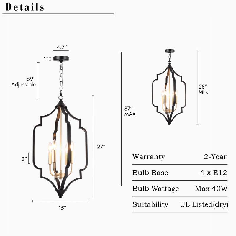 Modern Glam 4-Light Black Gold Chandelier Geometric Pendant Lights for Dining Room - 15" D x 27" H