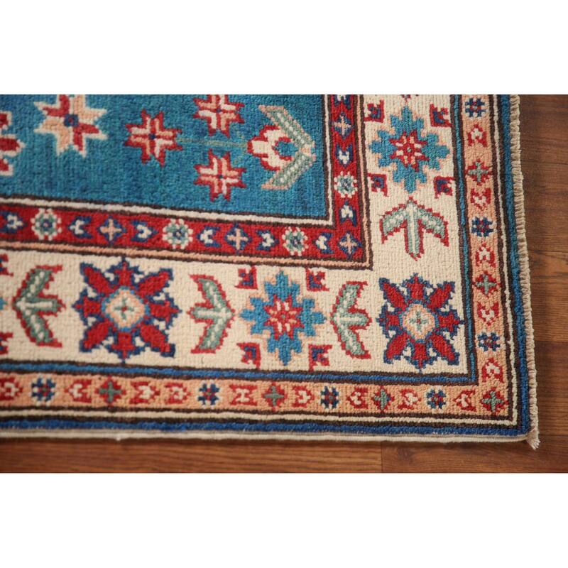 Blue Geometric Kazak Oriental Accent Rug Handmade Wool Carpet - 2'9" x 4'0"