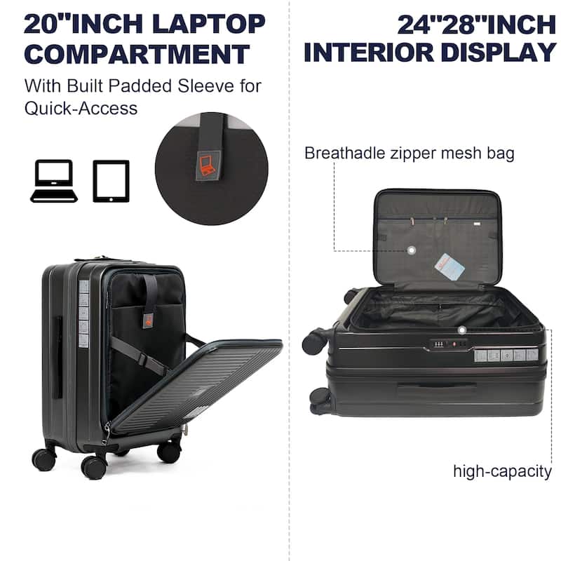 Luggage Sets 3 Piece, ABS Hardshell Front Opening Carry On Suitcase Set with TSA Lock, for Men Women Travel
