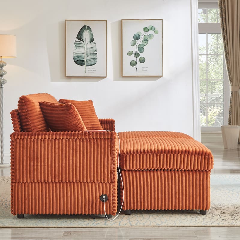 Modular Chaise Sleeper Sofa Bed, Corduroy Loveseat Couch & Storage Ottomans Set with Folding Table Boards and USB Ports