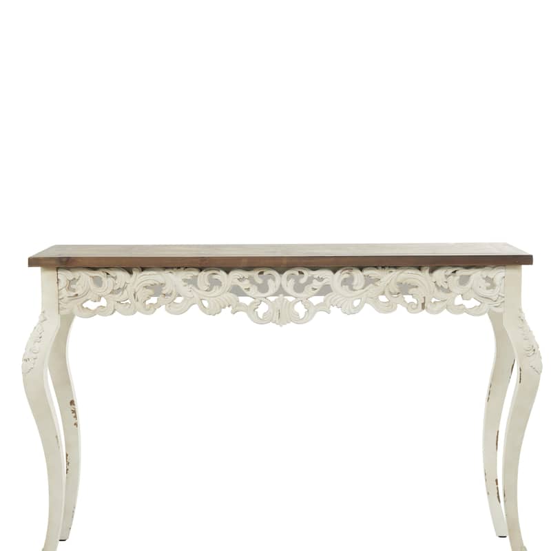 Wood Scroll Intricately Carved Console Table with Brown Wood Top - White - Roche River Decor