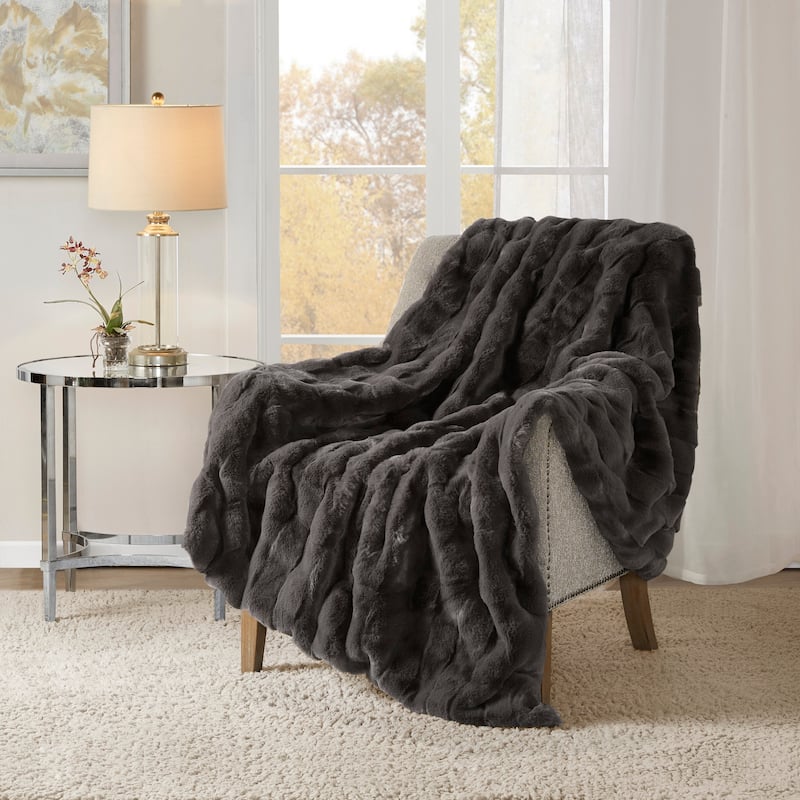 Madison Park Camille Faux Fur Throw - Grey