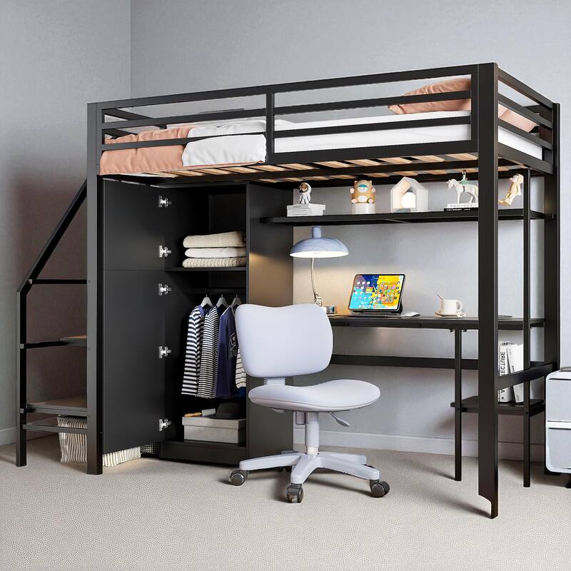 Metal Twin Loft Bed with Desk, Wardrobe, Shelf, and Storage Staircase, No Box Spring Needed
