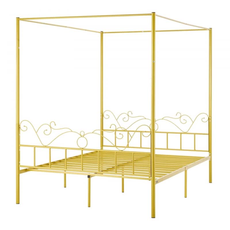 Gold Metal Queen Canopy Bed with Storage, Quiet Design and DIY Rails