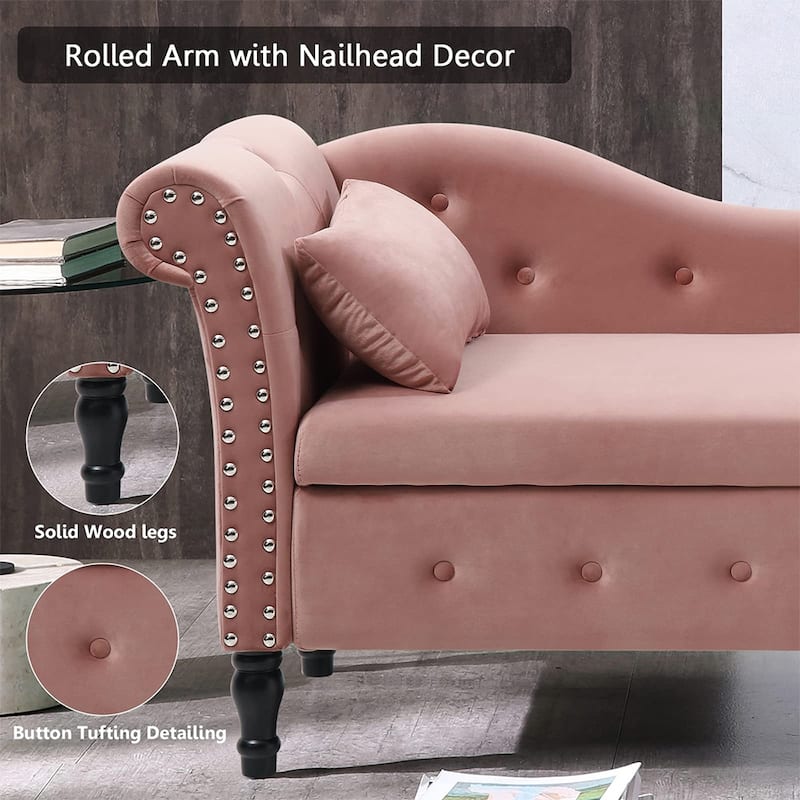60"W Velvet Tufted Chaise Lounge, Storage Chaise Sofa, Solid Wood Leg - 25"D x 60"W x 27"H