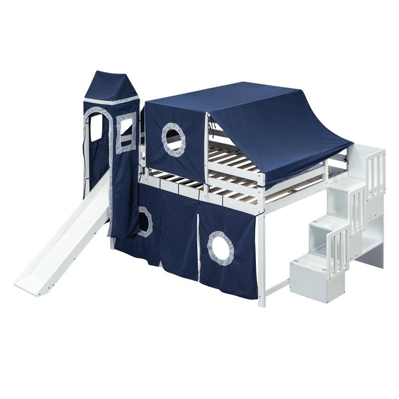 Full Size Pine Wood Loft Bed with Storage Staircase, Slide, Tent, Tower, Guardrail