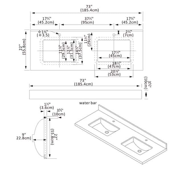 dimension image slide 2 of 22, Malaga Composite Stone Vanity Top with White Rectangular Sink