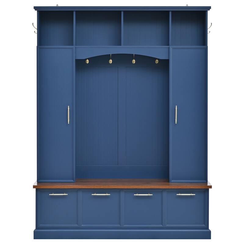 59" Farmhouse Hall Tree - 4-in-1 Entryway Bench with Golden Hooks, Adjustable Shelves & Shoe Storage