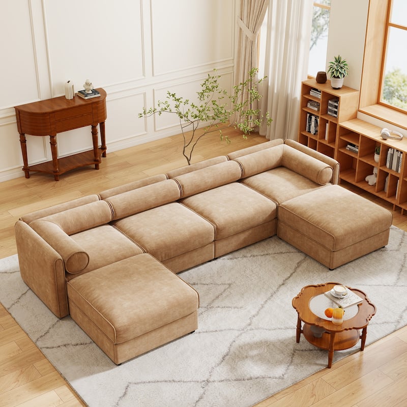 GDFStudio - Thalassius Chenille 4-Seater Sofa With Twin Ottoman - Camel