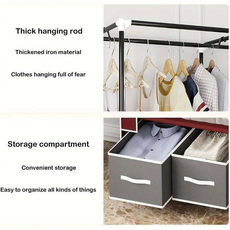 Foldable Closet Organizer,Hanging Rod Wardrobe w/Sturdy Fixed Shelves