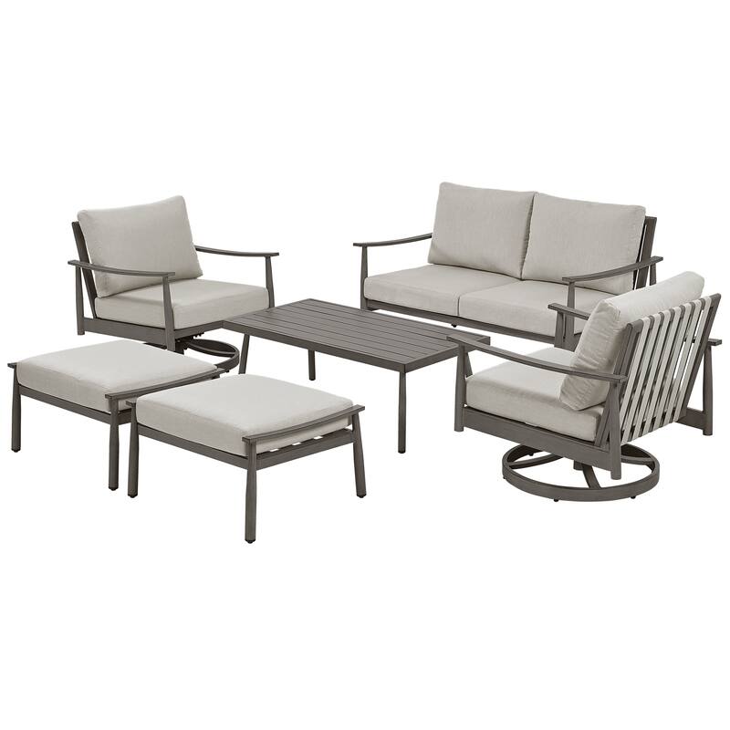 6-Person Aluminum Patio Conversation Set with 2 Swivel Chairs, Loveseat and Coffee Table - Grey
