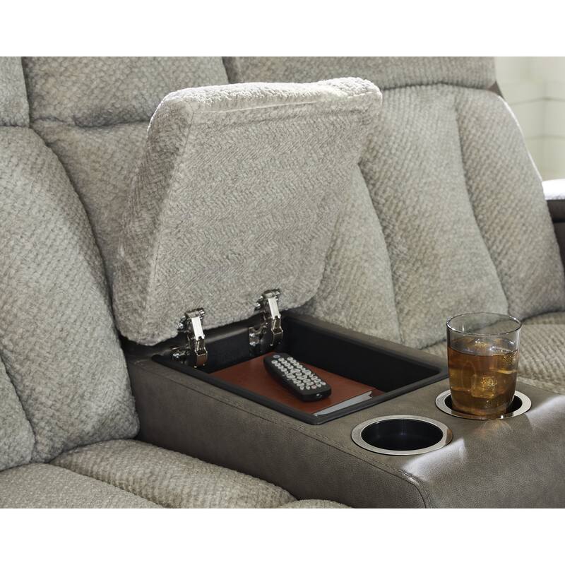 Signature Design by Ashley Stately Check Gray Power Reclining Loveseat with Console - 77"W x 42"D x 44"H