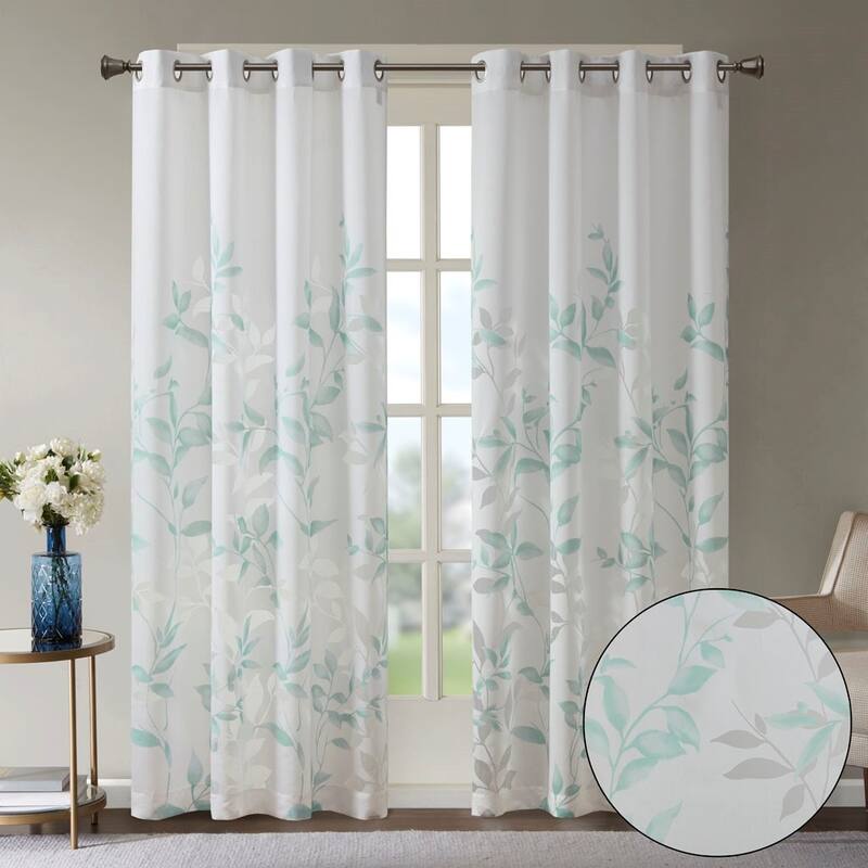 Rossetta Modern contemporary Semi-sheer base fabric botanical print burnout curtain, Only 1 Piece Panel - 50"W x 84"L