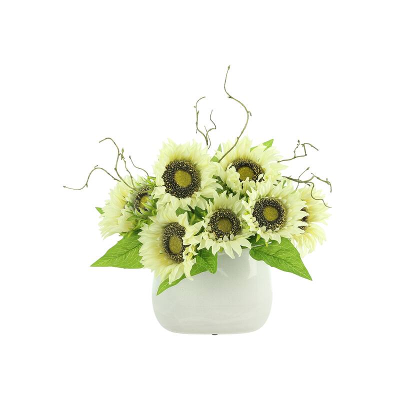Daisy and Curly Willow Arrangement in a Ceramic Vase - Cream, White, Green