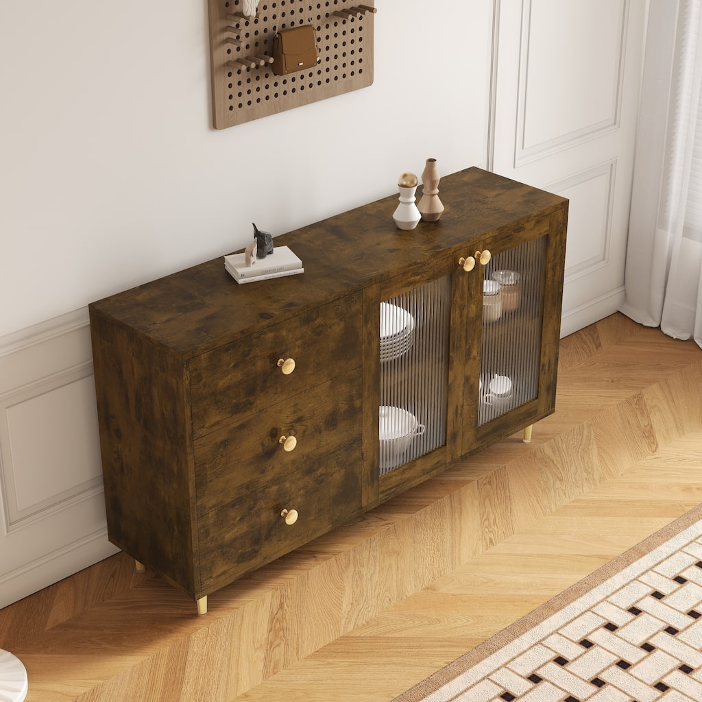 Freestanding Buffet Cabinet with Shelves and Drawers, Elegant Sideboard Cabinet Accent Cabinet with Carved Glass Doors