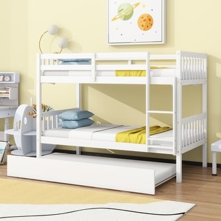 Functional Design Rubber Wood Bunk Bed with Twin Trundle, Ladder and Safety Guardrails, Twin Over Twin, White