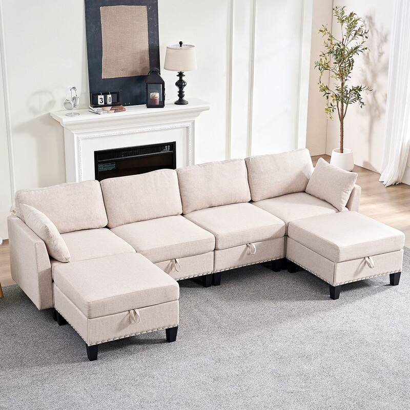 Mixoy Rivet Design Flexible Combination Reversible 4-Seater Modular Sofa with Storage Ottomans,Linen Convertible Sleeper Sofa