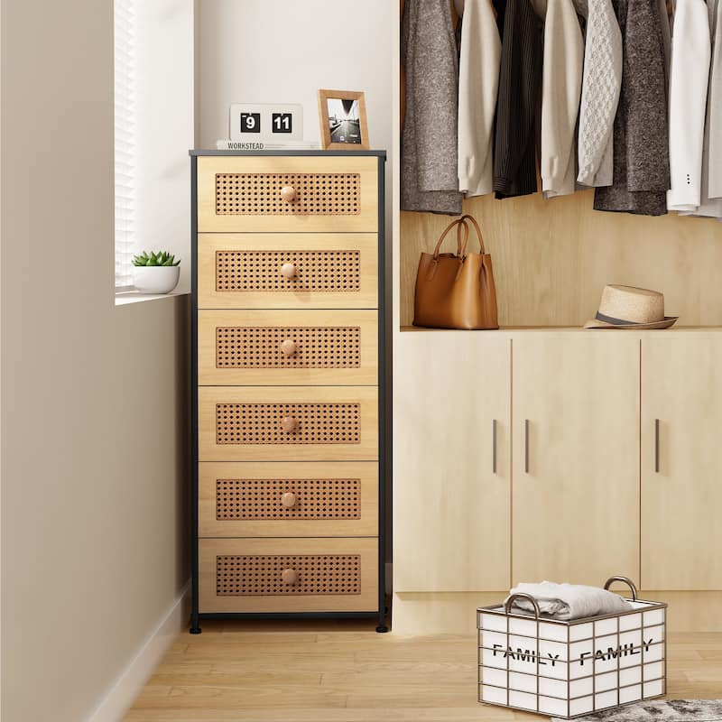 6 Drawers Chest - Vertical Storage Tower Steel / Wood / Fabric Dresser