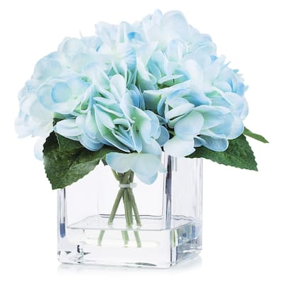 Enova Home Artificial Real Touch Hydrangea Fake Silk Flowers Arrangement in Cube Glass Vase With Faux Water For Home Decoration