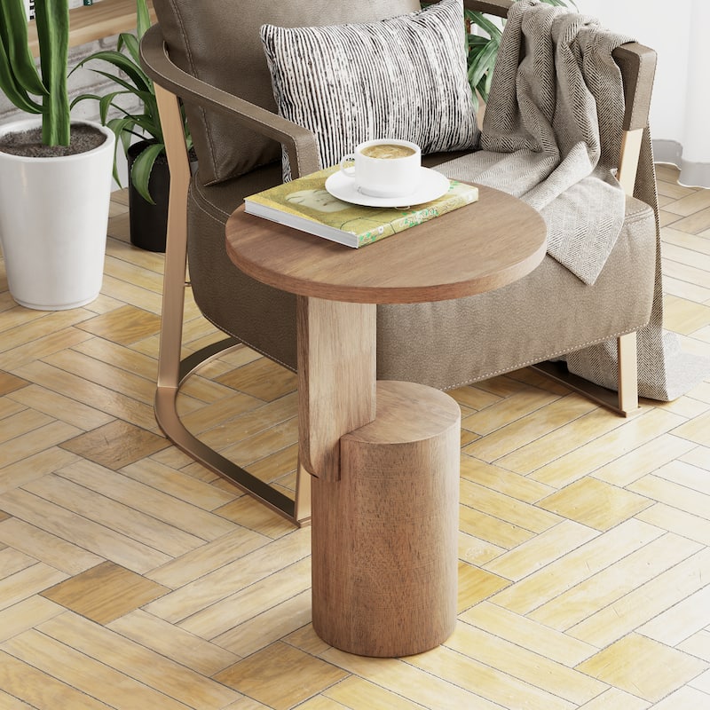 COZAYH Modern Small Drink Table with Geometric Base, Minimalist Tall End Table for Small Space, Natural