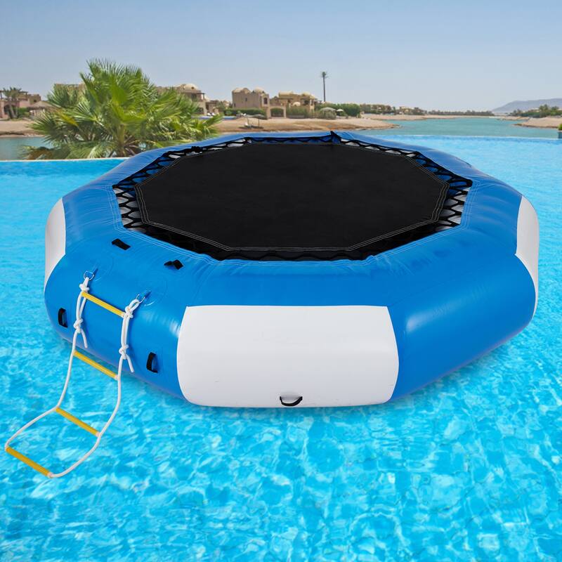 VEVOR Inflatable Water Trampoline Round Inflatable Water Bouncer with Ladder - 13ft blue&white