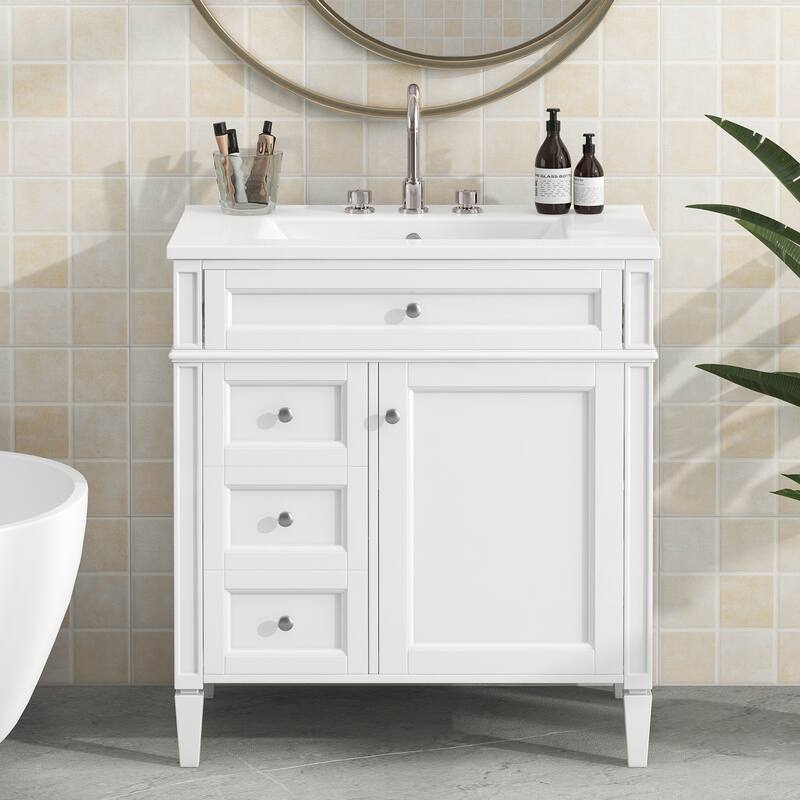 Bathroom Vanity Cabinet with Door Rack, Drawers of Different Sizes, Metal Textured Knobs, Roman Leg Design and Adjustable Shelf - White