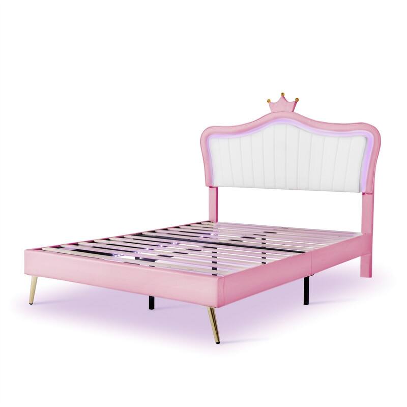 Queen Size Upholstered Bed Frame with LED Lights,Modern Upholstered Princess Bed With Crown Headboard