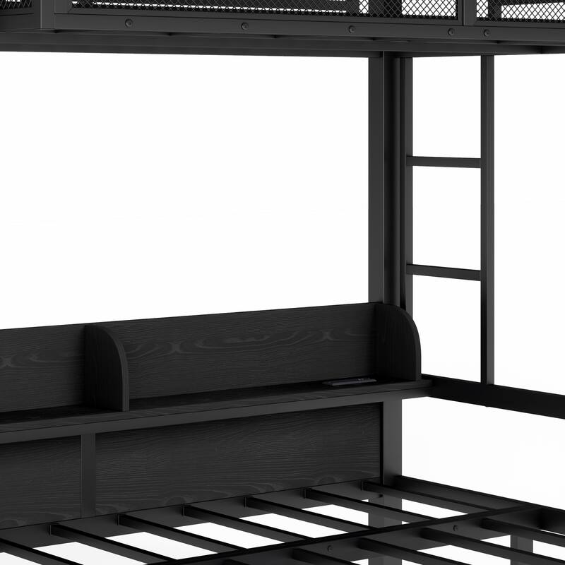 Twin over Twin Bunk Bed with Storage Shelves and Drawers, Multifunctional Metal Bunk Beds with USB Ports and LED Lights
