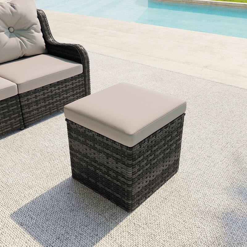 Outdoor 17.7" W Square Rattan Ottoman Patio Ottoman with Seat Cushion - Khaki